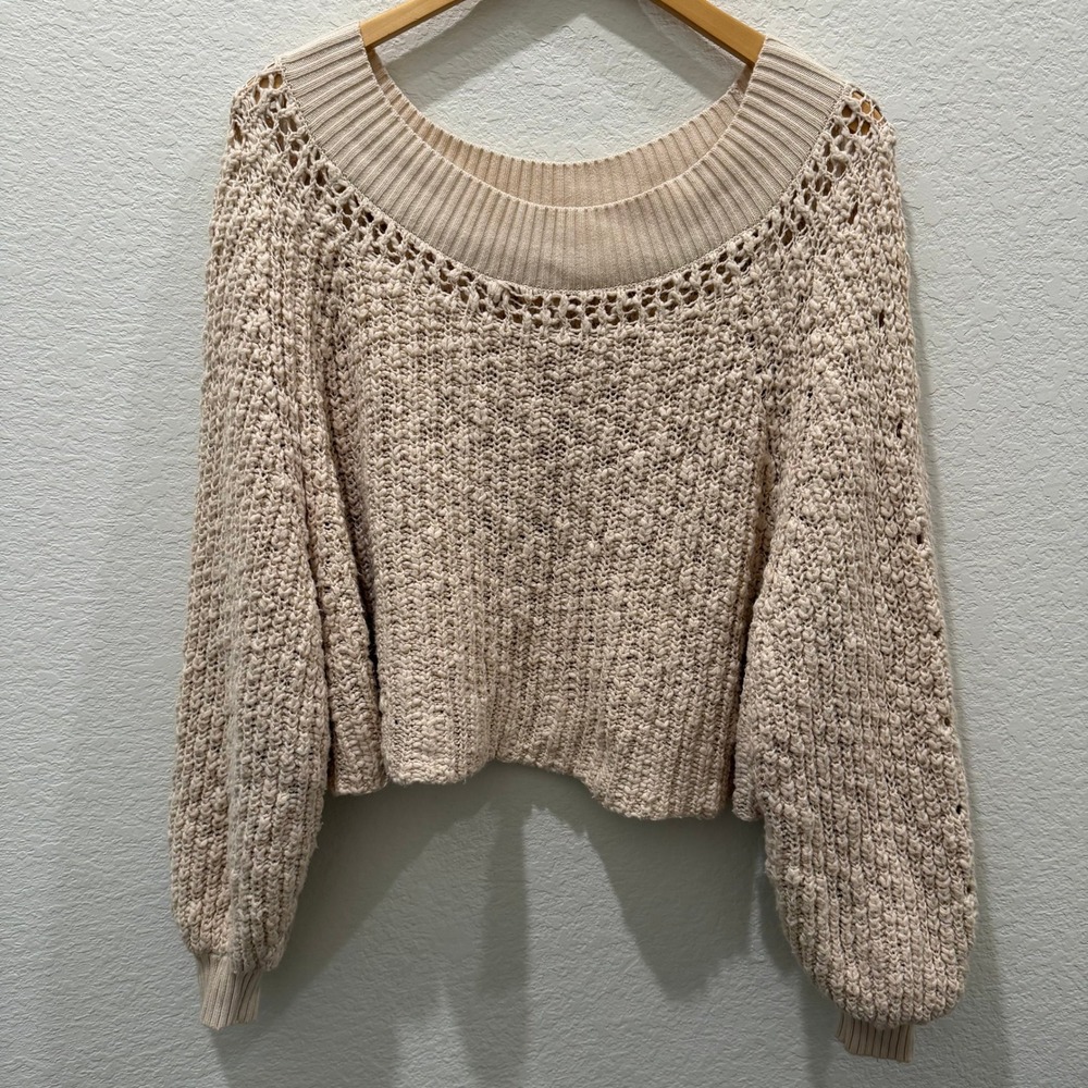 Free‎ People Cream Chunky Knit Crochet Scoop Neck Balloon Sleeve Sweater Small